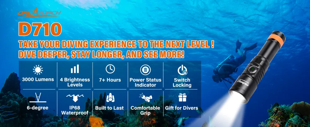 ORCATORCH D710 Scuba Diving Light, 3000 Lumen Super Bright Underwater Flashlight with 6 Degrees Narrow Beam, IP68 Waterproof Night Dive Torch 150 Meters Submersible Light - ORCATORCH D710 dive light