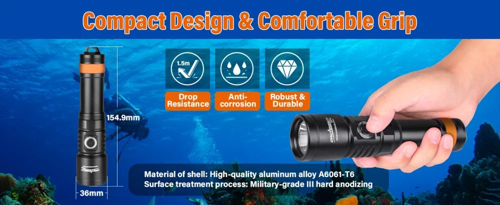ORCATORCH D710 Scuba Diving Light, 3000 Lumen Super Bright Underwater Flashlight with 6 Degrees Narrow Beam, IP68 Waterproof Night Dive Torch 150 Meters Submersible Light - ORCATORCH D710 Dive Light