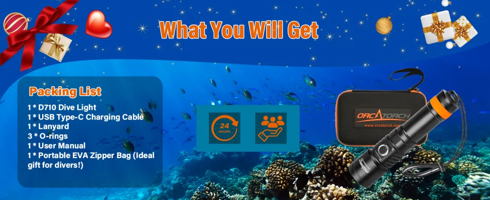 ORCATORCH D710 Scuba Diving Light, 3000 Lumen Super Bright Underwater Flashlight with 6 Degrees Narrow Beam, IP68 Waterproof Night Dive Torch 150 Meters Submersible Light - ORCATORCH D710 DIVE LIGHT