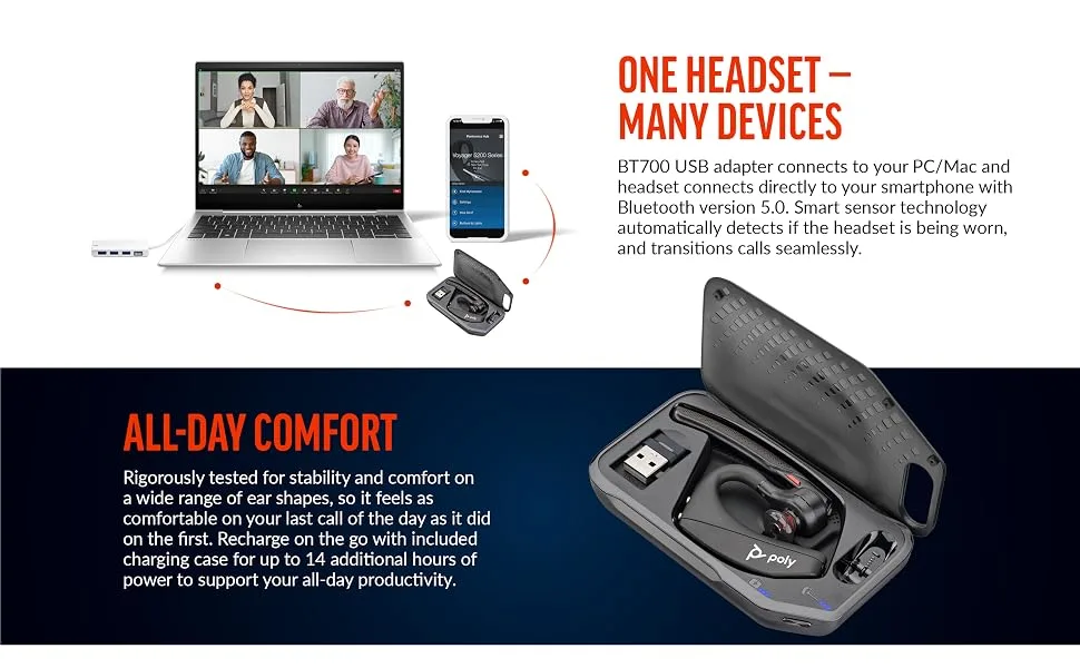 Poly Voyager 5200 UC Wireless Headset & Charging Case (Plantronics) - Single-Ear Bluetooth Headset w/Noise-Canceling Mic - Connect Mobile/Mac/PC via Bluetooth - Works w/Teams, Zoom - Amazon Exclusive - multipoint connectivity laptop computer mobile cell phone pc mac charging case bluetooth comfort