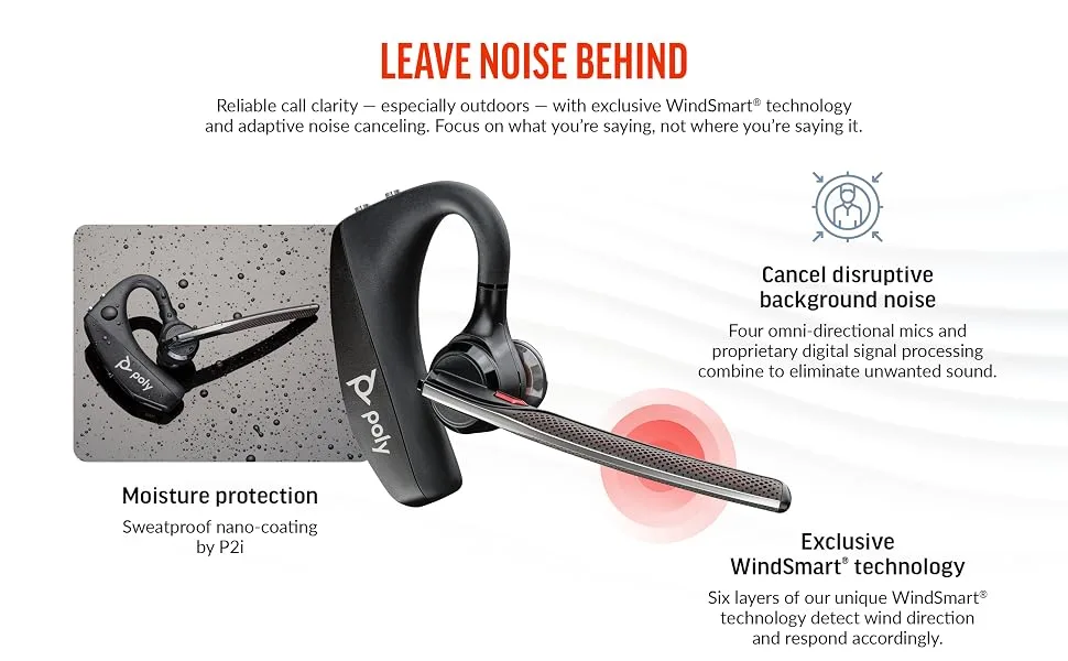 Poly Voyager 5200 UC Wireless Headset & Charging Case (Plantronics) - Single-Ear Bluetooth Headset w/Noise-Canceling Mic - Connect Mobile/Mac/PC via Bluetooth - Works w/Teams, Zoom - Amazon Exclusive - noise cancelling canceling mic microphones wind cancellation windsmart call clarity sweatproof