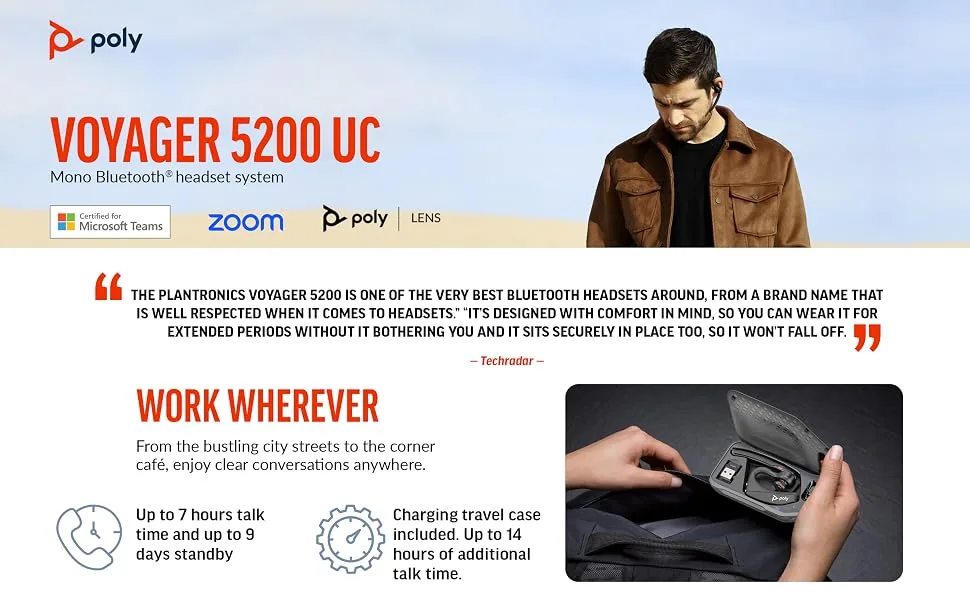 Poly Voyager 5200 UC Wireless Headset & Charging Case (Plantronics) - Single-Ear Bluetooth Headset w/Noise-Canceling Mic - Connect Mobile/Mac/PC via Bluetooth - Works w/Teams, Zoom - Amazon Exclusive - plantronics voyager 5200 uc mono bluetooth headset system microsoft teams zoom charge case monaural