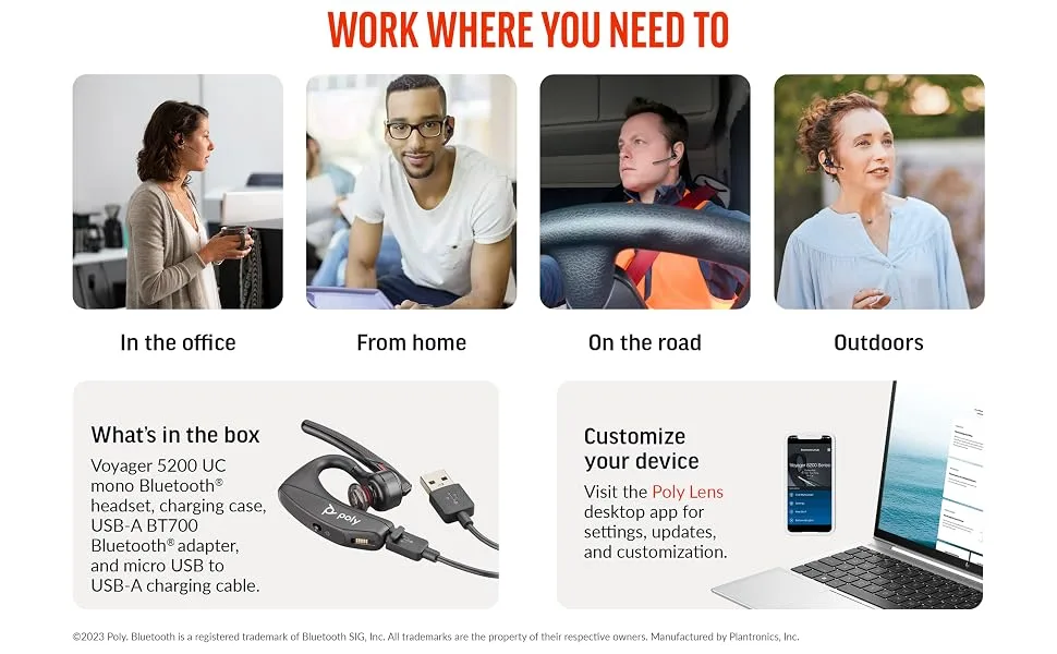 Poly Voyager 5200 UC Wireless Headset & Charging Case (Plantronics) - Single-Ear Bluetooth Headset w/Noise-Canceling Mic - Connect Mobile/Mac/PC via Bluetooth - Works w/Teams, Zoom - Amazon Exclusive - remote hybrid working work from home office road car outdoors truck charge lens app customization