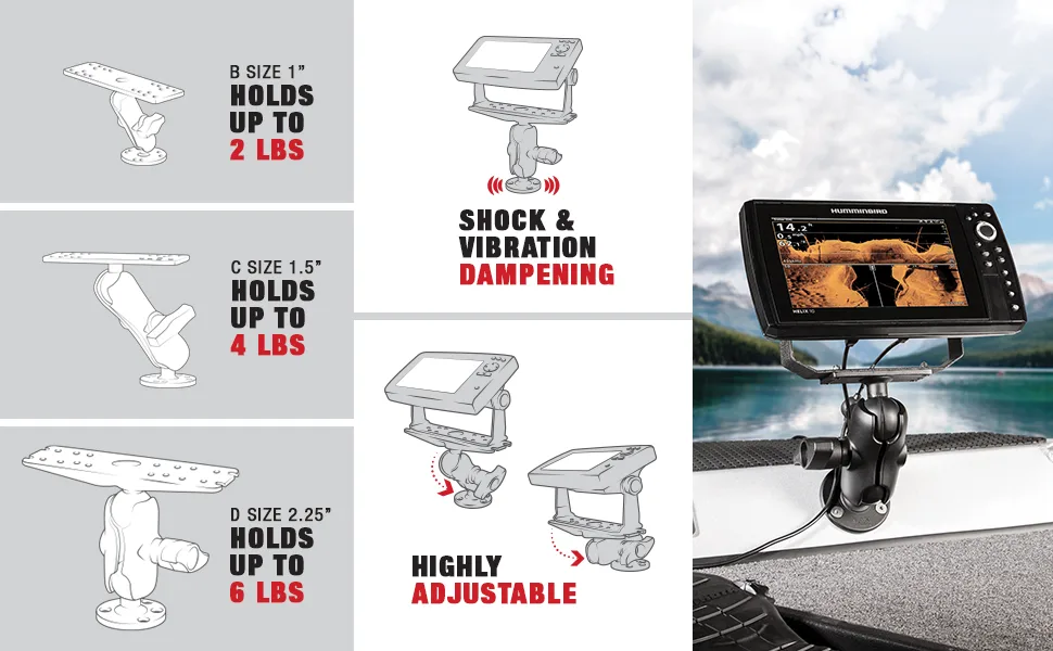 RAM Mounts Large Marine Electronics Mount RAM-D-111U with Medium Arm Compatible with Garmin, Lowrance, Humminbird + More - ram mounts fishfinder mounts Features