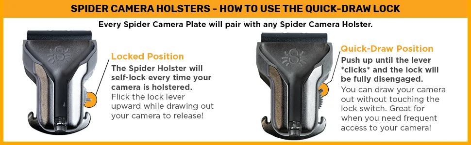 SPIDER HOLSTER  SpiderPro Mirrorless Single Camera System v2 for Carrying ONE Professional Camera and Heavy Gear Featuring Belt with Built-In Self-Locking Camera Holster for Quick-Draw Camera Access Single Mirrorless - How to use the spider pro camera holster lock.