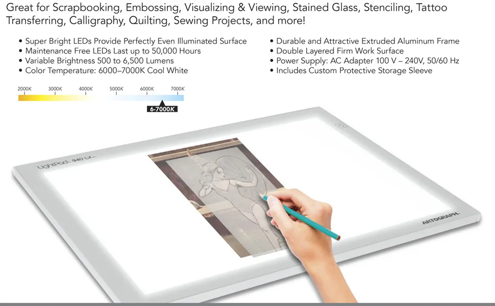 Artograph LightPad 930 LX - 12" x 9" Thin, Dimmable LED Light Box for Tracing, Drawing 9 x 12 Inches - product information 2