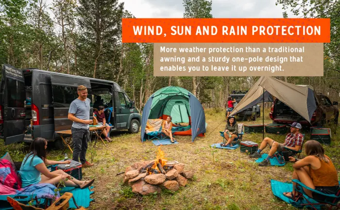 Kelty Waypoint Tarp, Reflecting Pond/Gingerbread, Semi-Universal Vehicle Mounting System, Enhanced Protection from The Elements, Single-Pole Design, Shark-Mouth Carry Bag for Easy Transport, & More - semi universal mounting, wind sun and rain protection simple one pole construction heavy duty
