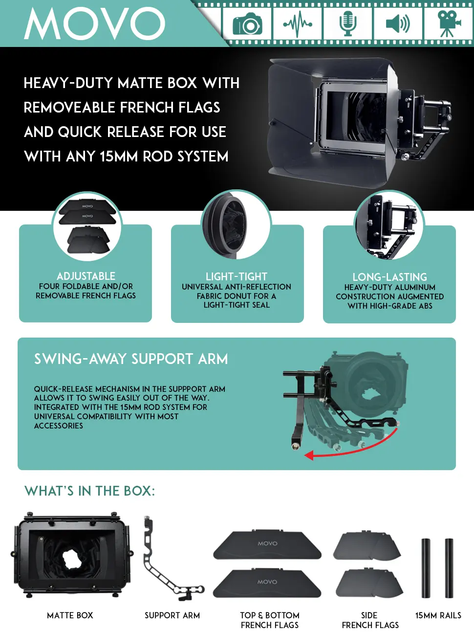 Movo/Sevenoak Professional Matte Box with Swing-Away Arm, French Flags, Side Wings and Universal Anti-Reflection Donut (for 15mm Rod System) - product information 1