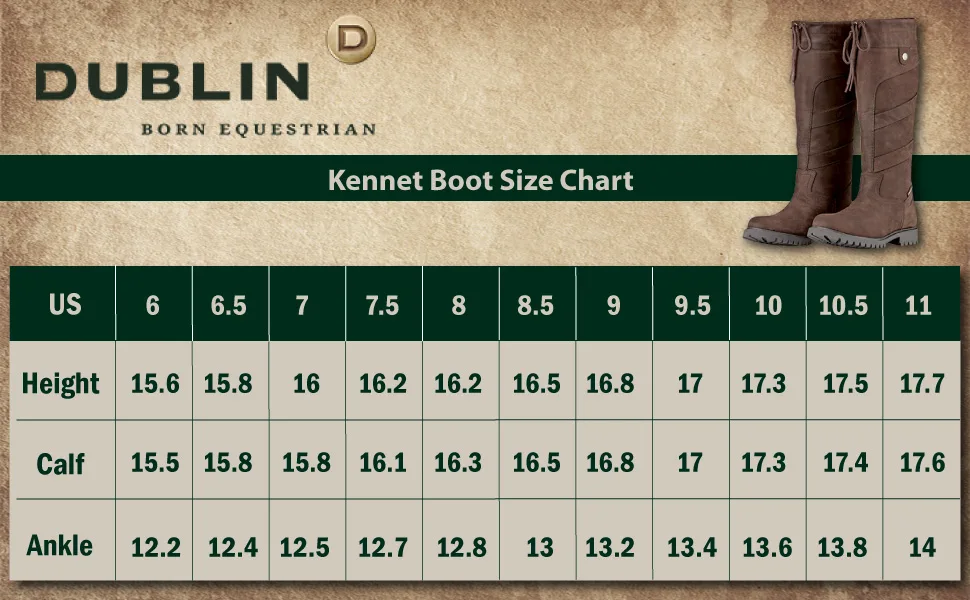 Dublin Kennet Boots 8.5 Chocolate - A size chart for the Kennet boots showing US measurements for height, calf and ankle