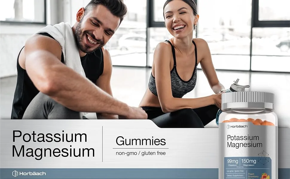 Horb ach Potassium Magnesium Supplement Gummies | Peach Strawberry Flavor | 70 Count | Vegan Non-GMO and Gluten Free Formula - Header - potassium magnesium