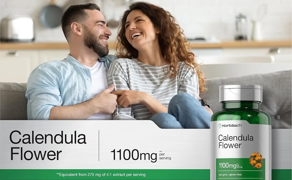 Horb ach Calendula Flower Capsules 1100mg | 180 Count | Marigold Extract | Non-GMO Gluten Free Herbal Supplement - calendula flower capsules