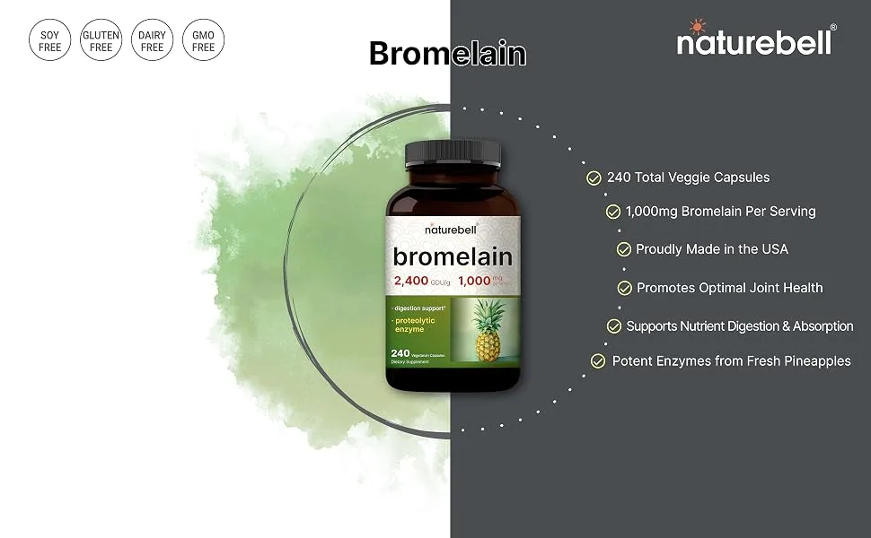 NatureBell Bromelain 1,000mg Per Serving 240 Veggie Capsules | 2,400 GDU Digestive Enzymes & Joint Support Supplement Proteolytic Enzymes for Digestion Fresh Pineapple Source Non-GMO - product information 2