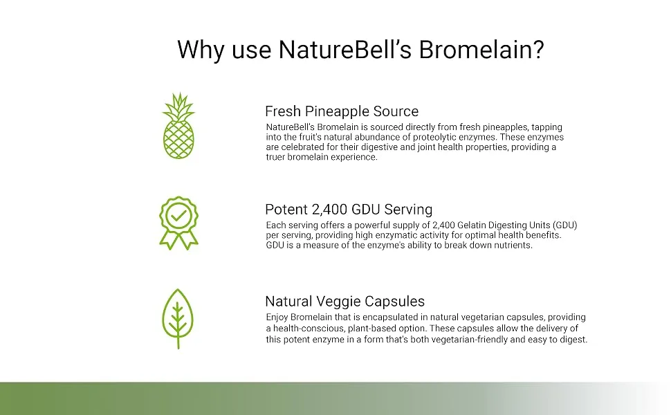 NatureBell Bromelain 1,000mg Per Serving 240 Veggie Capsules | 2,400 GDU Digestive Enzymes & Joint Support Supplement Proteolytic Enzymes for Digestion Fresh Pineapple Source Non-GMO - product information 3