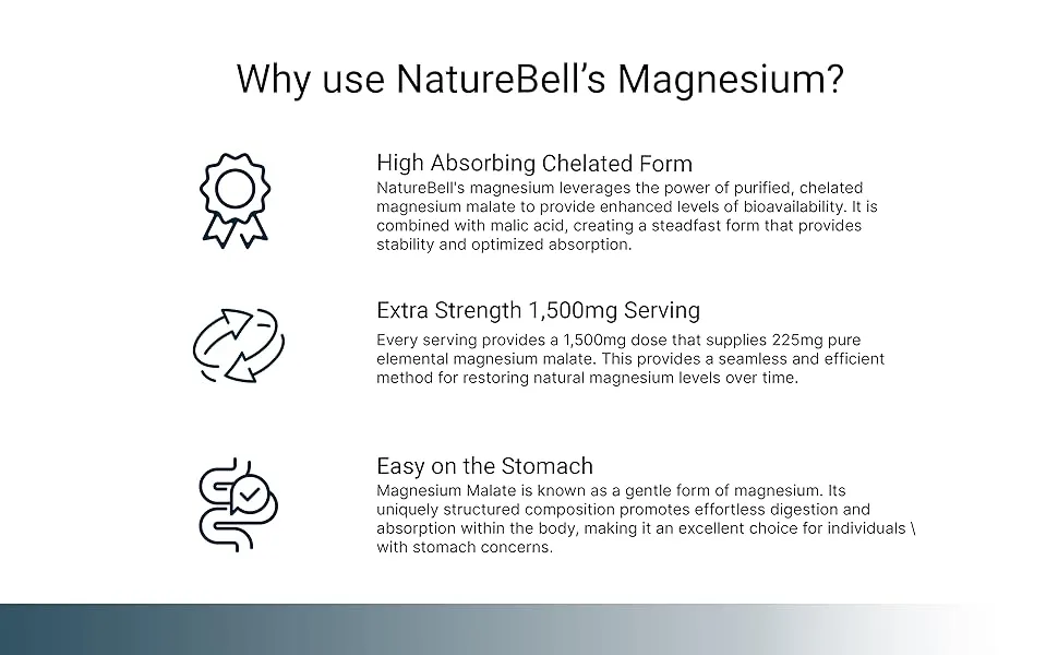 NatureBell Magnesium Malate 1,500mg 240 Capsules | Chelated for High Absorption | Energy & Nervous System Support | Non-GMO Gluten-Free - mag peach