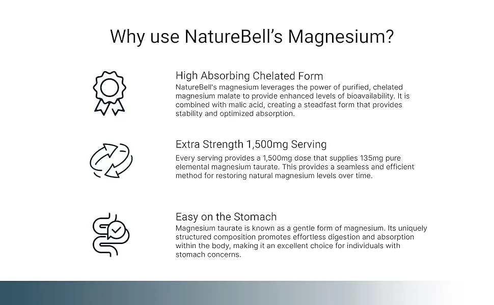 NatureBell Magnesium Taurate 1,500mg 240 Capsules | Chelated for High Absorption | Heart & Nervous System Support | Non-GMO Gluten-Free - taurate