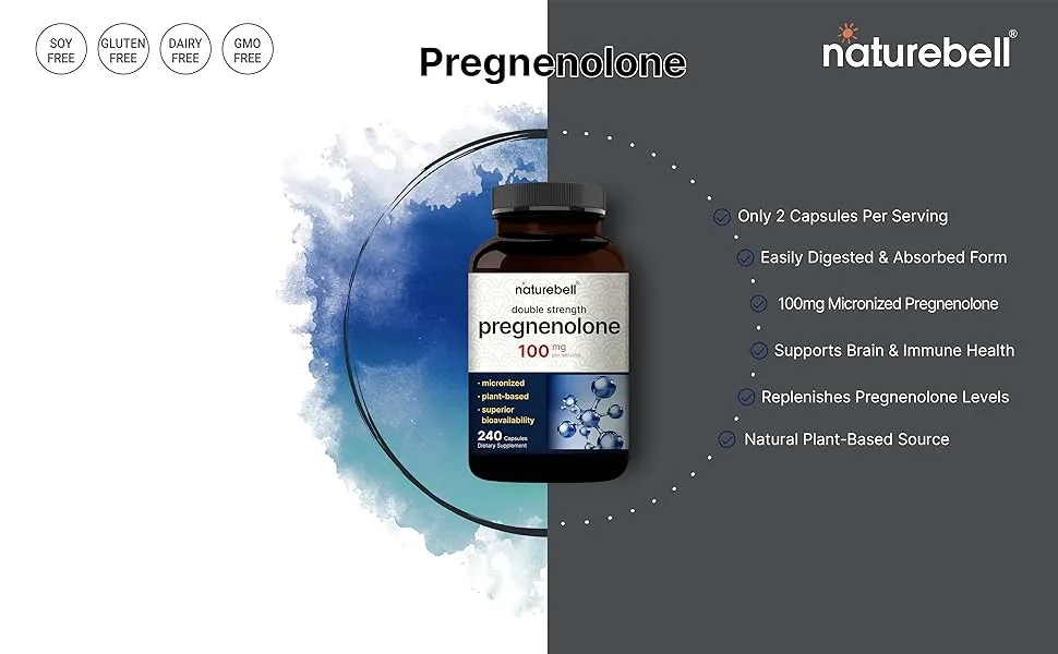 Pregnenolone 100mg 240 Capsules | 99% Purity Micronized Grade for Higher Absorption Plant Based Natural Precursor Brain & Immune Health Supplement Non-GMO Soy Free - pregnenolone