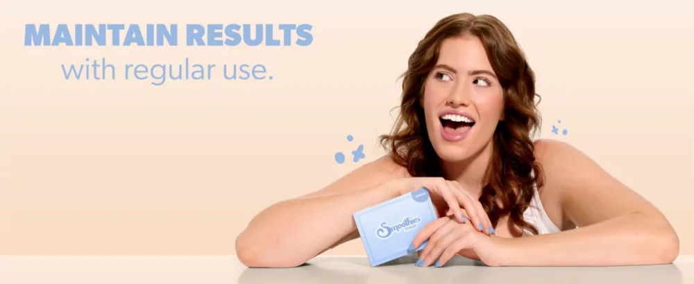 Smoothies Full Coverage Wrinkle Patches for Face Overnight - Facial Patches for Forehead Elevens Crows Feet and more - Full Coverage - 192 Facial Adhesives per Box - Woman smiling while holding smoothies product in her hands