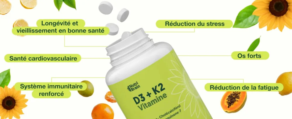 NUTRIBRAIN Vitamin D3 and K2 1000 IU - 40 Months 1 Capsule Every 4 Days Premium MK-7 100% All-Trans Maximum Bioavailability Supports Bones Immune System & Heart - 300 Tablets  - bote vitamina d3