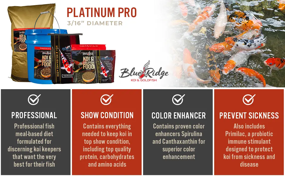 Blue Ridge Fish Hatchery Koi And Goldfish Platinum Pro - 14 LBS. - PLATINUM PRO professional all-season floating food pellet higher protein formula high quality diet