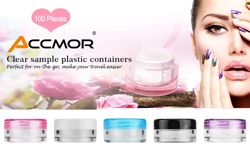 Accmor 100 Pieces 3g Empty Sample Containers with Lids Cosmetic Jars with 5 Pieces Mini Spatulas Multi-color - Accmor 100 Pieces 3g Empty Clear Plastic Sample Container