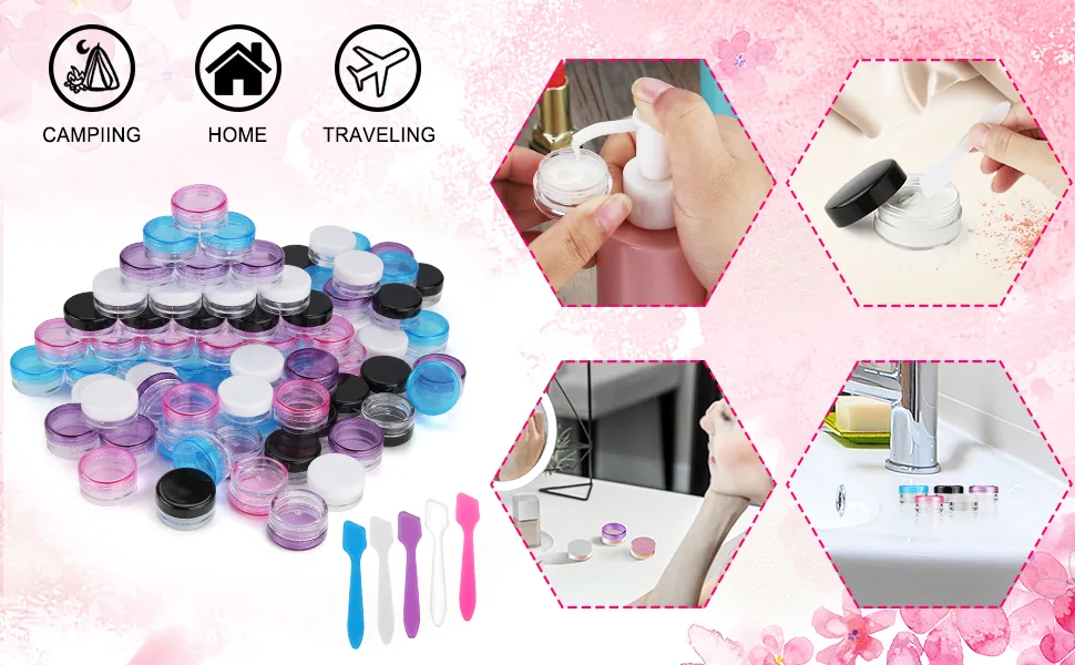 Accmor 100 Pieces 3g Empty Sample Containers with Lids Cosmetic Jars with 5 Pieces Mini Spatulas Multi-color - Accmor 100 Pieces 3g Empty Clear Plastic Sample Container