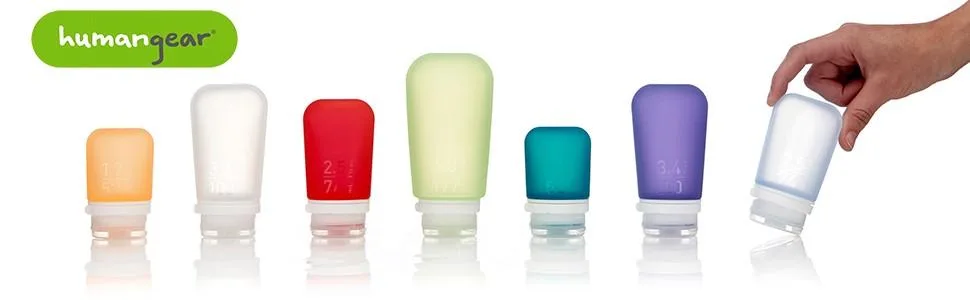 humangear GoToob+ Refillable Silicone Travel Size Bottles with Locking Cap, 3pk Set, Clear/Red/Orange, Medium (2.5oz),HG3185 - product information 1