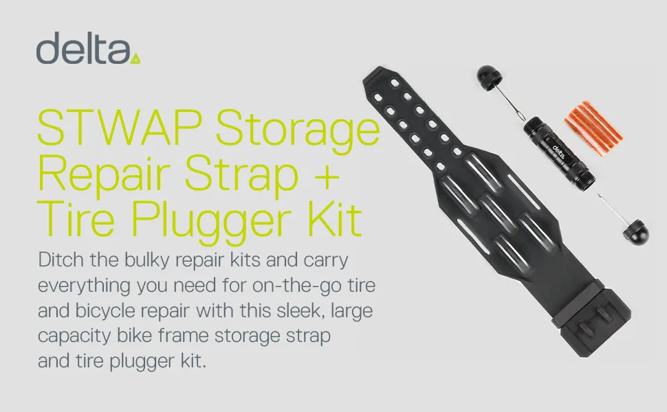 Bike Frame Carrier Utility Strap with Tire Plugger Kit, Stwap by Delta Cycle Repair Strap with Tire Plugger Kit - Kids Specialized Comfort Cruiser Cables Derailleur Wheel Speed Pedal Roadtrip Fork Stove Saddle Mini