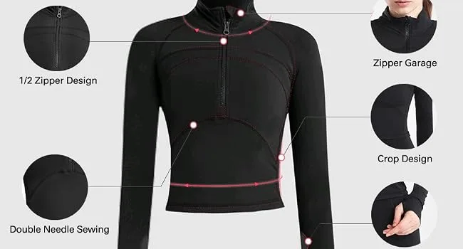 Women's Cropped Workout Jacket 1/2 Zip Pullover Running Athletic Outwear Slim Fit Long Sleeve Yoga Top Blue Small - half zip yoga jacket