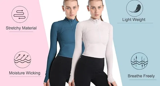 Women's Cropped Workout Jacket 1/2 Zip Pullover Running Athletic Outwear Slim Fit Long Sleeve Yoga Top Blue Small - slim fit workout jacket