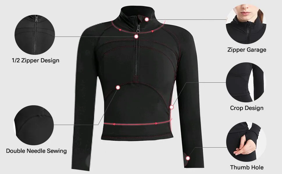 Women's Cropped Workout Jacket 1/2 Zip Pullover Running Athletic Outwear Slim Fit Long Sleeve Yoga Top Black Small - half zip yoga jacket