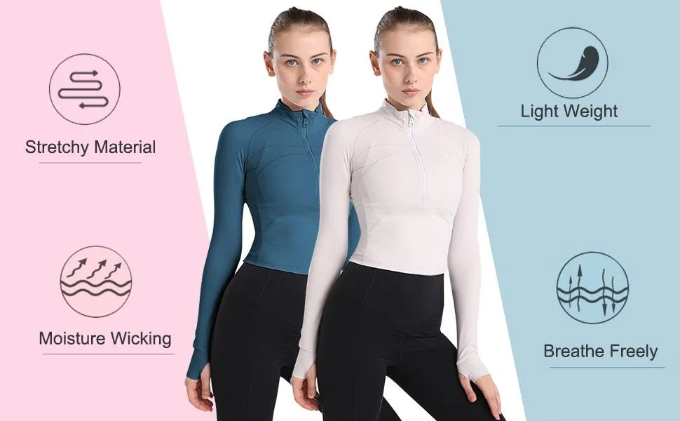 Women's Cropped Workout Jacket 1/2 Zip Pullover Running Athletic Outwear Slim Fit Long Sleeve Yoga Top Black Small - slim fit workout jacket
