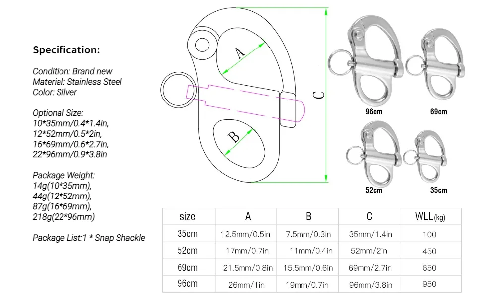 VGEBY Fixed Eye Snap Shackle Quick Release Bail Rigging Sailing Boat Marine Stainless Steel Clip with Key Ring 22*96mm - product information 7