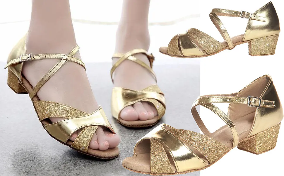 missfiona Girls Soft-Soled Glittering Latin Ballroom Dance Shoes with Leather Strap 4 Big Kid Silver - kids