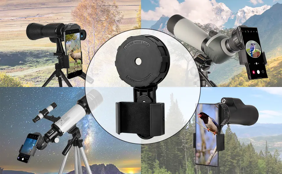 SOLOMARK Universal Upgrade Cell Phone Adapter Mount, Quick Aligned Smartphone Digiscoping Adapter for Monocular Binoculars Spotting Scope,Spring Type Stretchable Clip for All Brands of Smartphone Metal - phone adapter