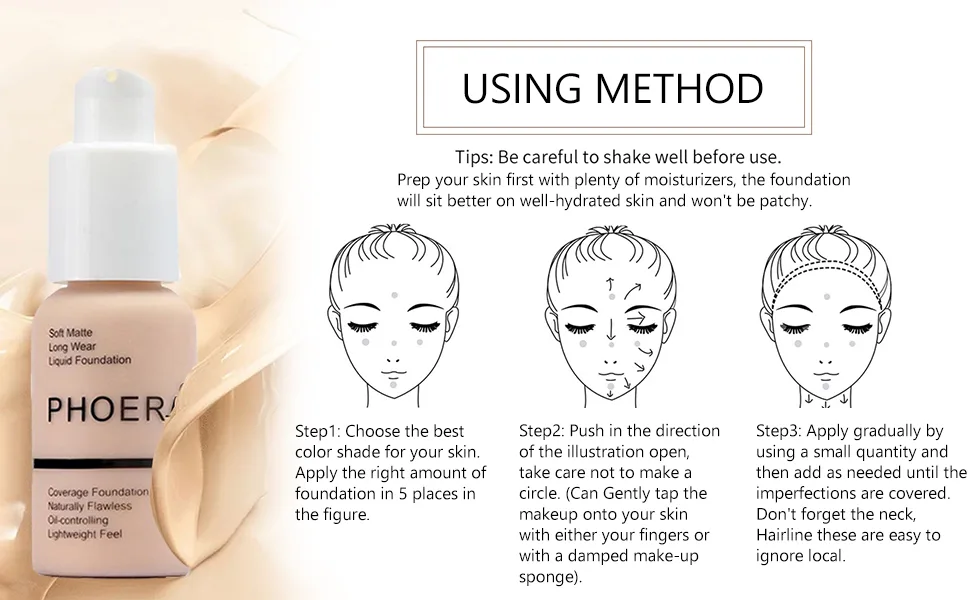 PHOERA Foundation, Flawless Soft Matte Liquid Foundation 24 HR Oil Control Concealer Foundation Makeup. (1 Pcs-102- Nude) - Instructions