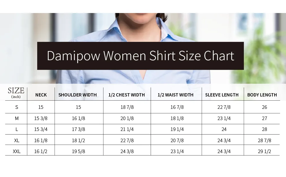 Damipow Womens Dress Shirts Wrinkle Free Button Down Shirt Long Sleeve Blouses for Work Professional Pink Large - size chart