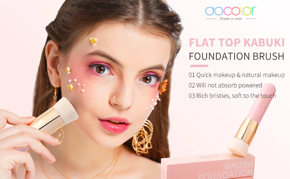 Docolor Flat Top Kabuki Foundation Brush Premium Synthetic Professional Face Makeup Brushes Powder Liquid Cream Blending Mineral Buffing Stippling Blending Makeup Tools, Pink - Kabuki Foundation Brush