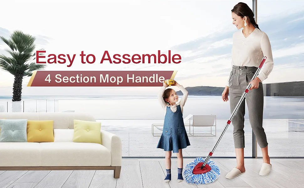 feiquan 4-Section 2.5-to-5 Foot Spin Mop Replacement Head Handle for EasyWring Mop Refills Compatible with Triangle Spin Mop, Microfiber Mop Easy Cleaning Floor Head Mop,Red Spin Mop Replacement Handle-red - Spin Mop Replacement Head…