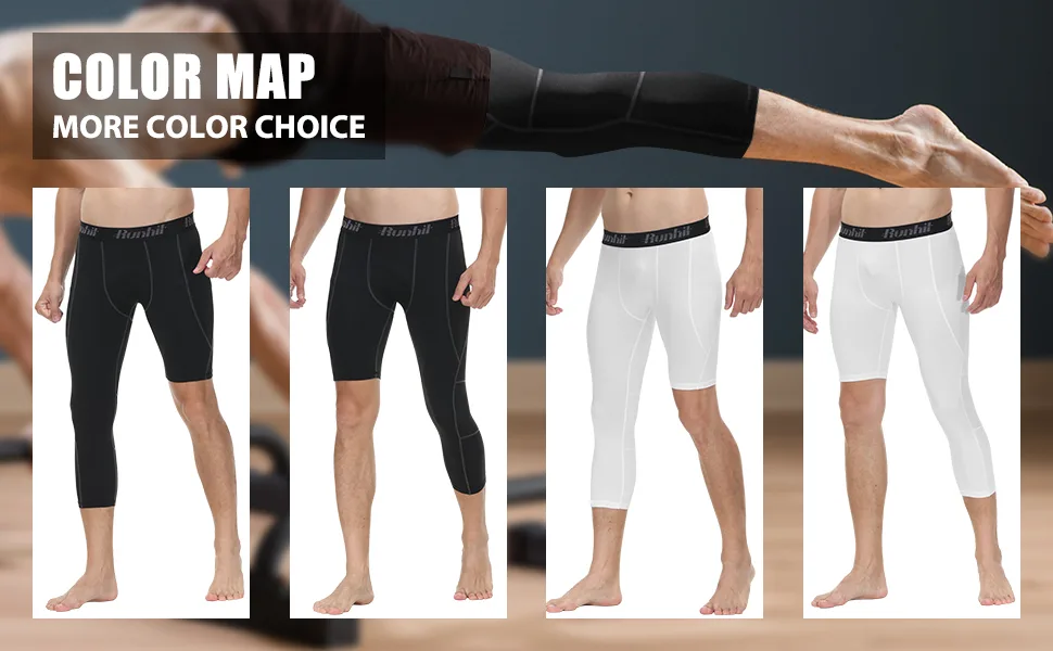 Runhit Men's One Leg Compression Tights for Basketball 3/4 Length Capri Running Pants Leggings Workout Athletic Base Layer White: 3/4 Long Left & Short Half Right Medium - compression pants men