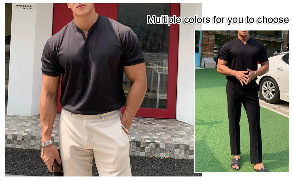 CYLADY Men's Undershirt Casual Cotton V Neck Short Sleeves Muscle Slim Fit Tops Blue X-Large - product information 11