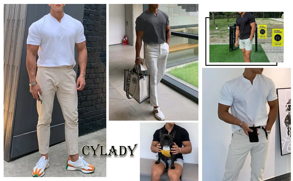 CYLADY Men's Undershirt Casual Cotton V Neck Short Sleeves Muscle Slim Fit Tops Blue X-Large - product information 13