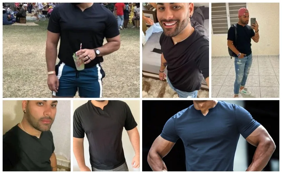 CYLADY Men's Undershirt Casual Cotton V Neck Short Sleeves Muscle Slim Fit Tops Blue X-Large - product information 14