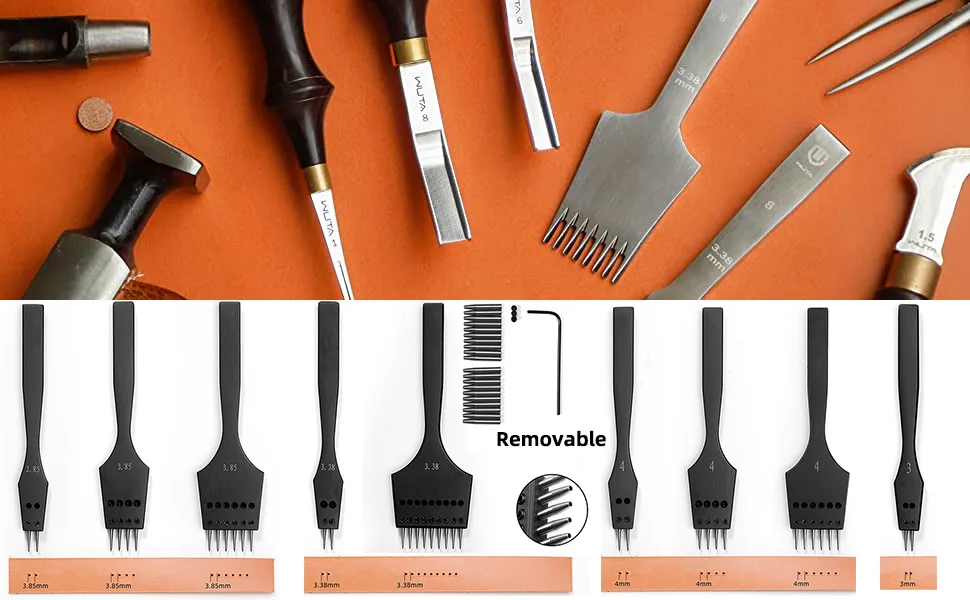 WUTA Removable Circle Leather Hole Punch Lacing Stitching Professional Working Hand Tool Kit Round Hole Puncher Craft Chisel Cutting Punches Kits 2nd Generation 5mm-(2+6) 2G 5mm-(2+6) - Removable Circle Leather Hole Punch