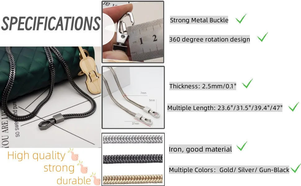 Model Worker Iron Flat Chain Strap Purse Chain Straps Handbag Chains Shoulder Cross Body Replacement Snake Bone Chain Straps with Metal Buckles (47", Gold) 47" Gold - Snake Bone Chain