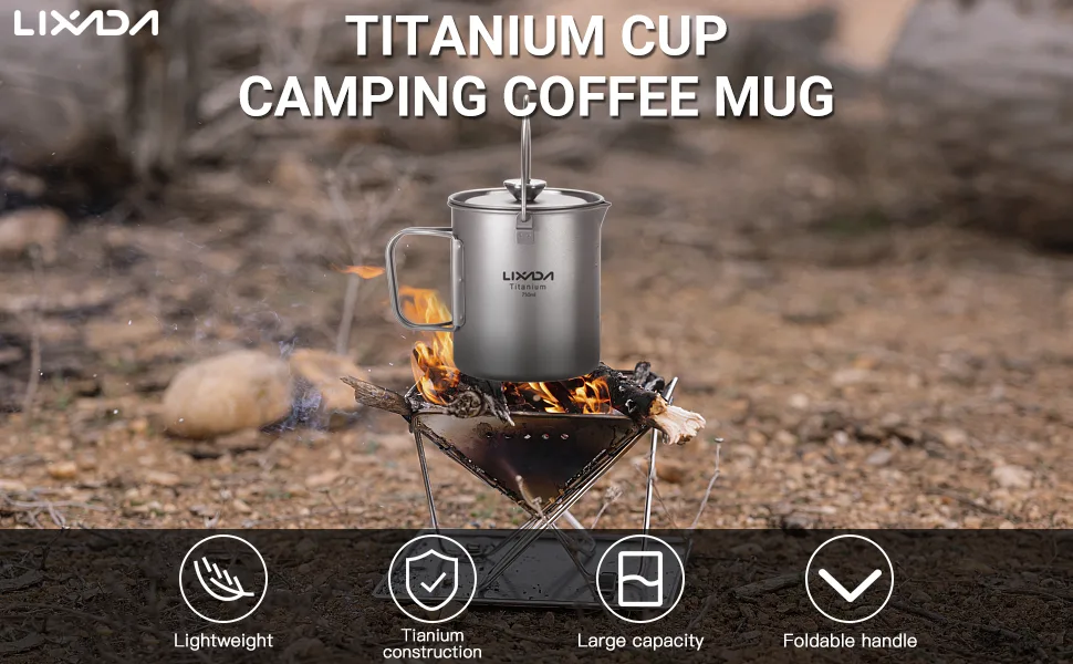 Lixada Titanium Pot Camping Titanium Coffee Cup Mug French Press Pot Coffee Maker Outdoor Camping Cooking Pot with Folding Titanium Spoon - COFFEE MUG