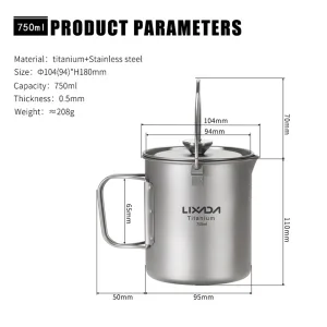 Lixada Titanium Pot Camping Titanium Coffee Cup Mug French Press Pot Coffee Maker Outdoor Camping Cooking Pot with Folding Titanium Spoon - product information 2