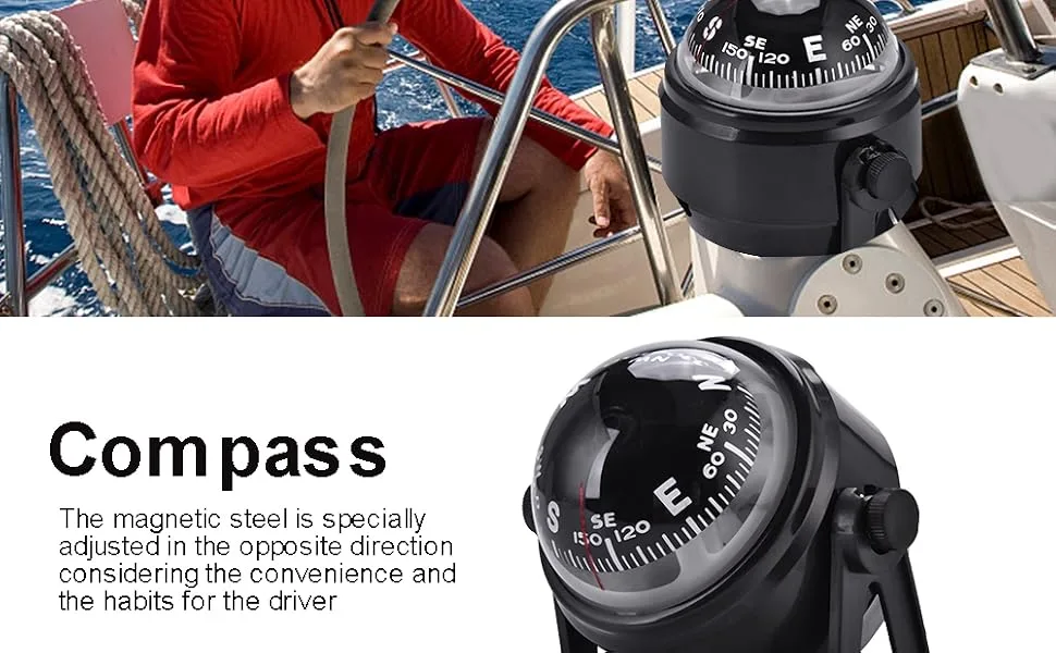 Dash Compass, Car Mount Compass Black Electronic Vehicle Compass Declination Adjustable Military Marine Ball Night Vision Dashboard Compass Marine Compass For Boats - Compass