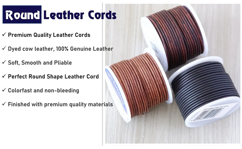 Cords Essentials Round Genuine Leather String Cord, Rope for Jewelry Making, Necklaces, Bracelets, Kumihimo Braiding, Wraps, Crafts and Hobby Projects (Distressed Saddle, 1.5 MM) Distressed Saddle 1.5 MM - Round Leather Cords