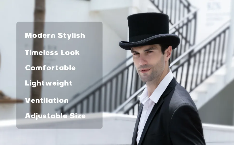 GEMVIE Men's 100% Wool Top Hat Satin Lined Party Dress Hats Derby Black Hat Black 7 5/8 - top hat