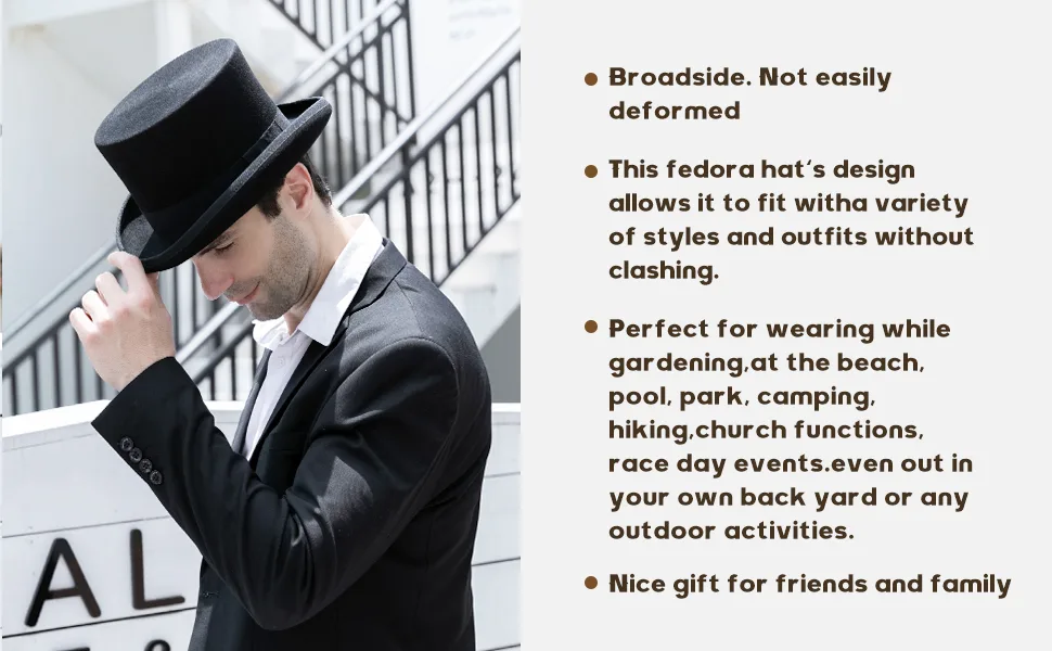 GEMVIE Men's 100% Wool Top Hat Satin Lined Party Dress Hats Derby Black Hat Black 7 5/8 - top hat